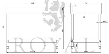 4564346 Stół roboczy ze stali nierdzewnej z kantem Royal Catering (wymiary: 70 x 120 x 96,4 cm)