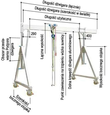 Aluminiowa suwnica bramowa, wersja składana z kołami typu PU (obciążenie graniczne: 1000 kg, długość dźwigara: 4100 mm, łączna wysokość: 2880-4180 mm) 99977426
