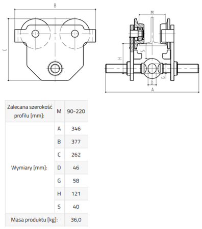 IMPROWEGLE Wózek do podwieszania i przesuwania wciągników po dwuteowniku (udźwig: 5 T, szerokość profilu: 90-220 mm) 33917065