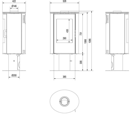 Piec stalowy stalowy na nodze, przeznaczony do rekuperacji 8kW zestaw montażowy (czarny) - spełnia anty-smogowy EkoProjekt 30082204