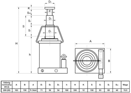 Podnośnik hydrauliczny teleskopowy - niski (wysokość podnoszenia min/max: 160/350mm, udźwig: 20T) 6276342