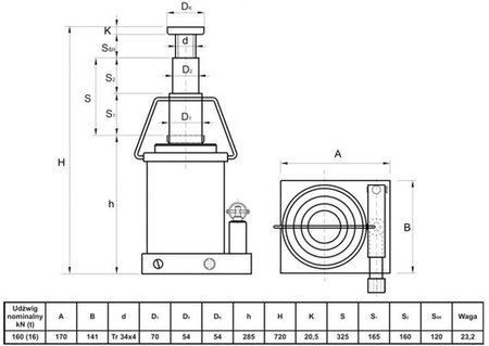 Podnośnik hydrauliczny teleskopowy - wysoki (wysokość podnoszenia min/max: 285/720mm, udźwig: 16T) 6276340