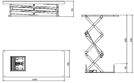 Podnośnik, podest nożycowy (udźwig: 2000 kg, wymiary platformy: 2250x1500mm, wysokość podnoszenia min/max: 750-4750 mm, moc: 2,3kW) 01860251