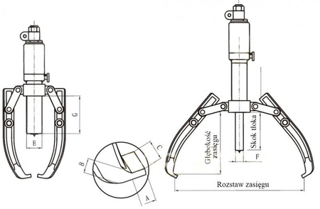 Ściągacz hydrauliczny (siła: 10 T, rozstaw zasięgu: 50-250 mm, głębokość zasięgu: 170 mm) 08778914