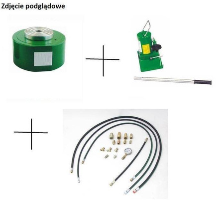Siłownik płaski (wysokość podnoszenia min/max: 122/168mm, udźwig: 50T) + do wyboru: pompa hydrauliczna, przewód wysokociśnieniowy, szybkozłącze 1/4’’, manometr 62782154