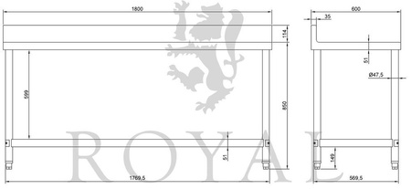 Stół roboczy ze stali nierdzewnej z kantem Royal Catering (wymiary: 60 x 180 x 96,4 cm) 45643454