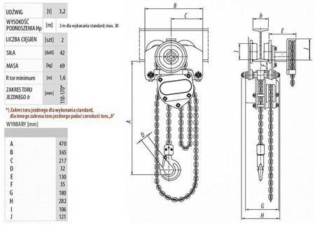 Wciągnik łańcuchowy przejezdny - z atestem ATEX (udźwig: 3,2 T, wysokość podnoszenia: 3m, zakres toru jeznego: 110-170 mm) 9588159