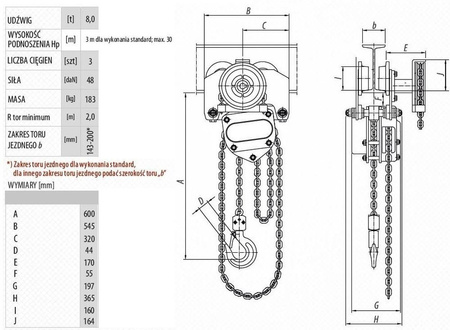 Wciągnik łańcuchowy przejezdny - z atestem ATEX (udźwig: 8,0 T, wysokość podnoszenia: 3m, zakres toru jeznego: 143-200 mm) 9588161