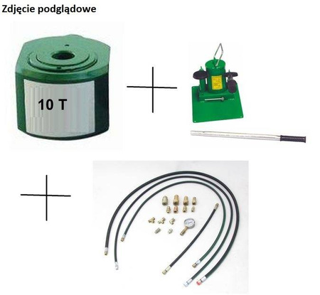 Zestaw: siłownik hydrauliczny, pompa hydrauliczna dwustopniowa, przewód wysokociśnieniowy, szybkozłącze 1/4 ’’ między siłownikiem a przewodem, manometr (w stanie złożonym:100 mm, skok tłoków: 100 mm, udźwig: 10T) 62779533