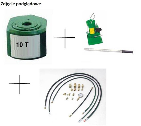 Zestaw: siłownik hydrauliczny, pompa hydrauliczna jednostopniowa, przewód wysokociśnieniowy, szybkozłącze 1/4 ’’ między siłownikiem a przewodem, manometr (w stanie złożonym:100 mm, skok tłoków: 100 mm, udźwig: 10T) 62779537