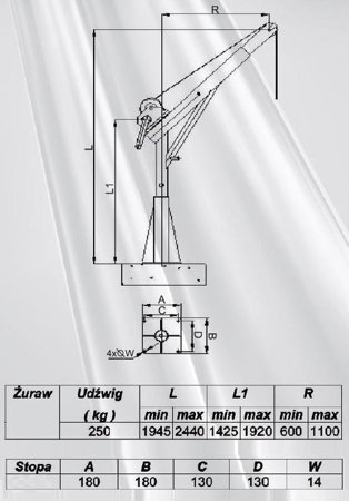 Żuraw ze stopą i wciągarką ręczną z liną 12m (udźwig: 250 kg, wysokość podnoszenia: 1945-2440 mm) 53368254
