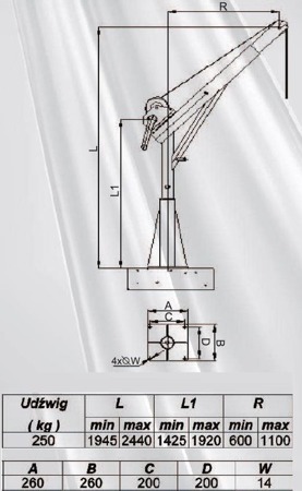 Żuraw ze stopą i wciągarką ręczną z liną AISI316 12m (udźwig: 250 kg, wysokość podnoszenia: 1945-2440 mm) 53372537
